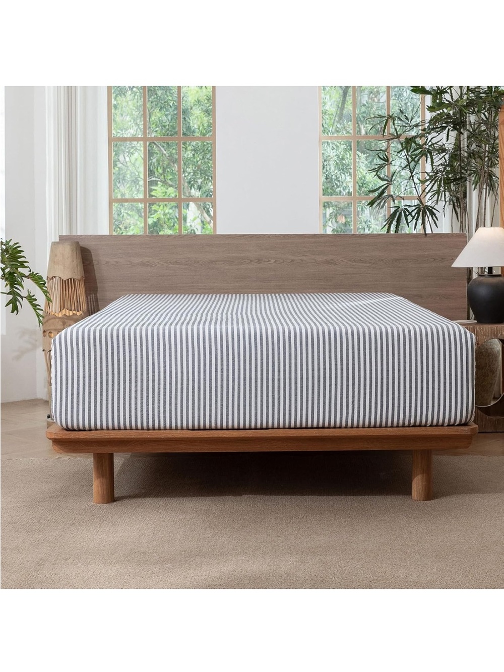 NEW MooMee Striped Fitted Bottom Sheet. 100% Washed Cotton Linen Like Texture